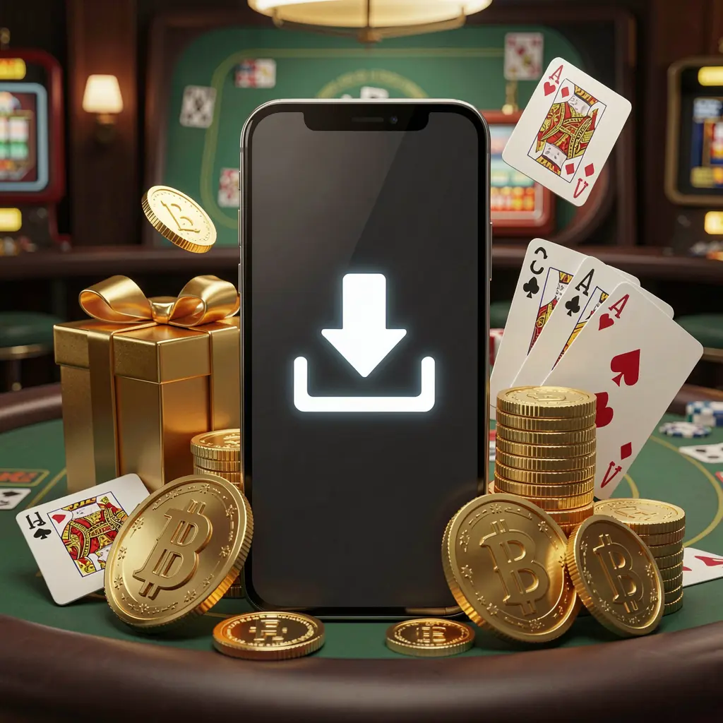 Conceito de descarga da aplicação de casino 39H mostrando um smartphone com um ícone de descarga rodeado por moedas douradas, uma caixa de presente e cartas de jogar numa atmosfera moderna de jogos móveis