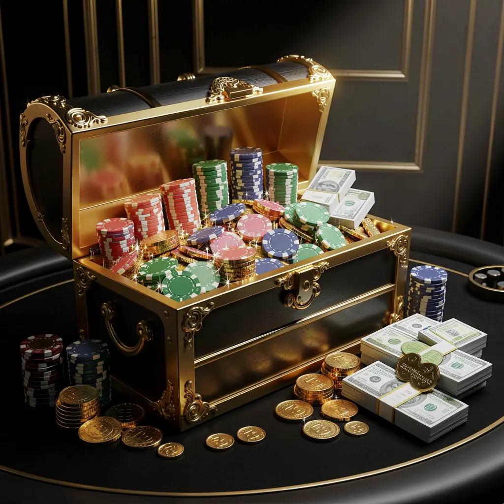 Cena de recompensas do casino 39H com um baú de tesouro dourado transbordando de fichas, maços de dinheiro e moedas brilhantes num elegante estilo preto e dourado com iluminação dramática