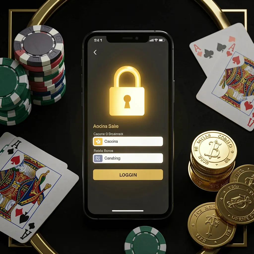 Conceito de início de sessão seguro na conta do casino 39H mostrando um ícone de cadeado brilhante no ecrã de um smartphone com fichas de póquer, cartas de jogar e moedas douradas sobre um elegante fundo preto e dourado numa renderização 3D realista