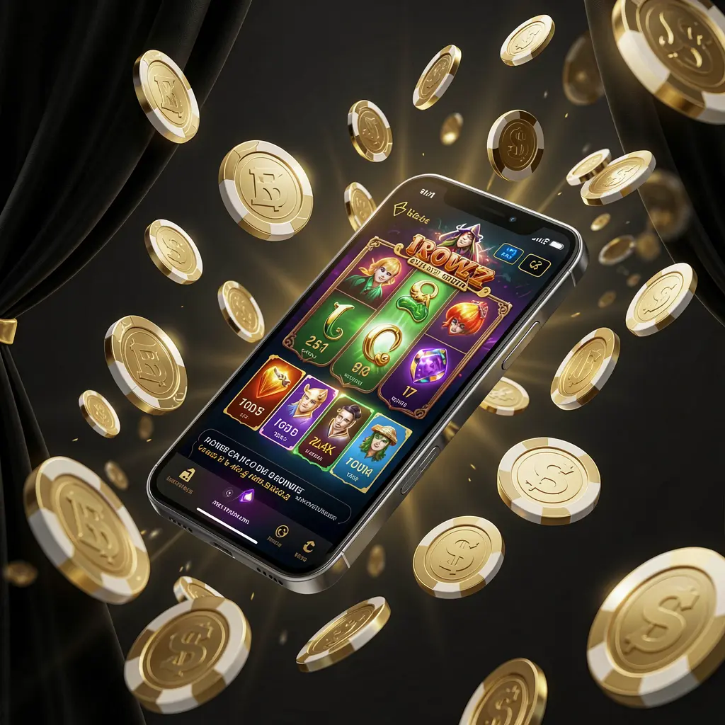 Página principal do casino online moderno 39H num smartphone com interface de jogo brilhante, moedas e fichas voando numa atmosfera luxuosa preta e dourada, ilustração 3D realista
